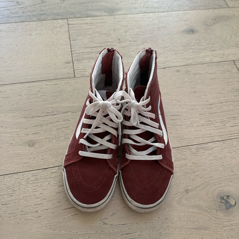 Boys maroon high top vans with zipper. Size 2